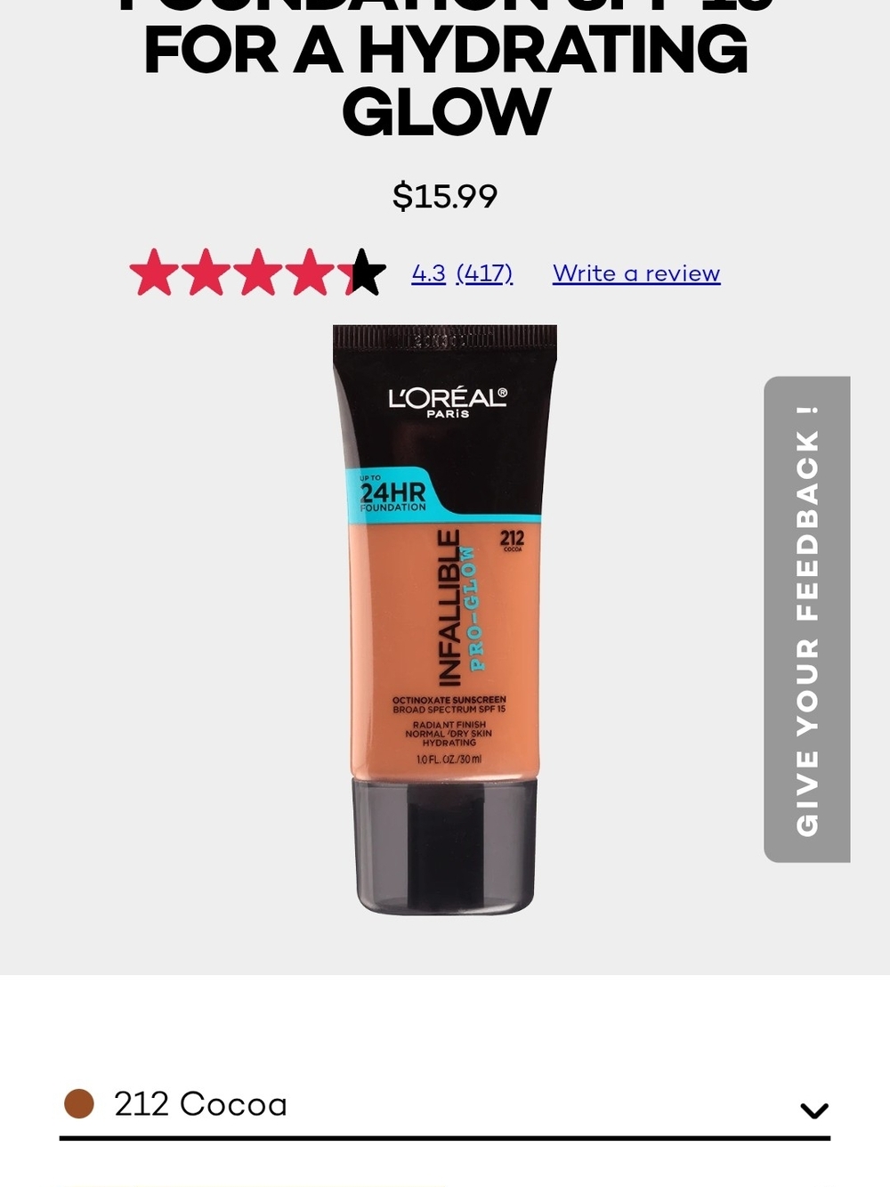 Nwt Set Of 2 L'Oreal Infallible Pro-Glow Foundation  212 Cocoa Retails For $16ea